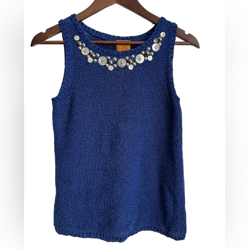 Ruby Rd. Petite Sleeveless Embellished Blue Tank Sweater Size PM